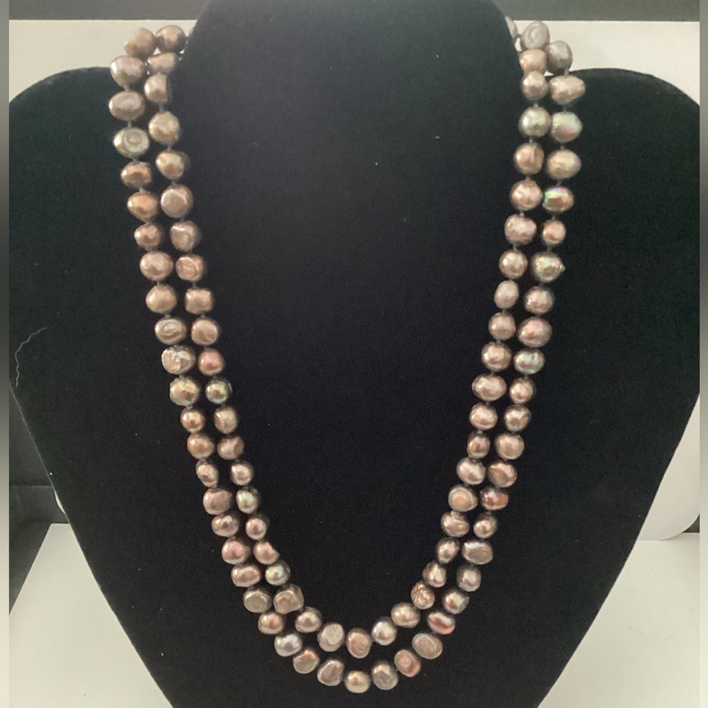 Vintage 925 Asian coin clip clasp with chocolate Baroque Pearl 2 strand necklace
